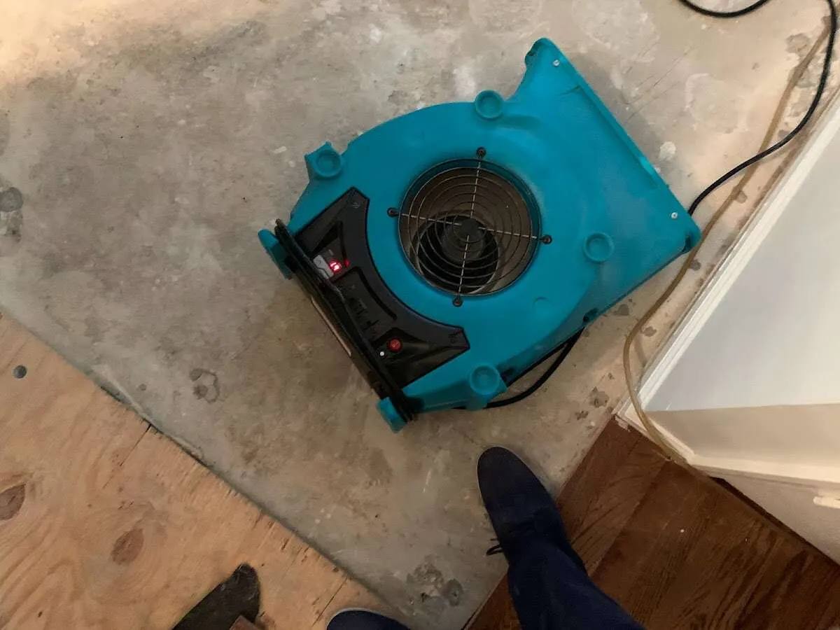 Air mover drying subfloor during Leak Detection & Repair in Buena Park